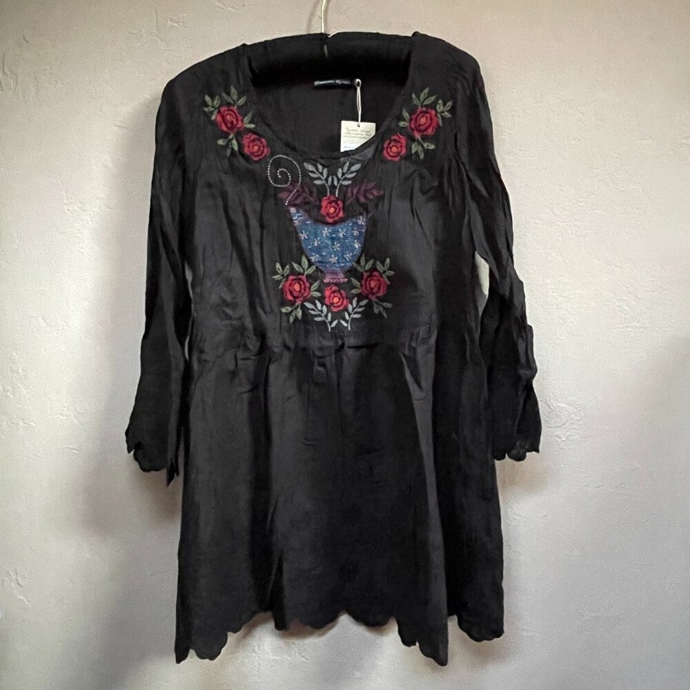 Gudrun Sjoden Blouse "Okarina" Organic Cotton Medium Black Embroidered New $148